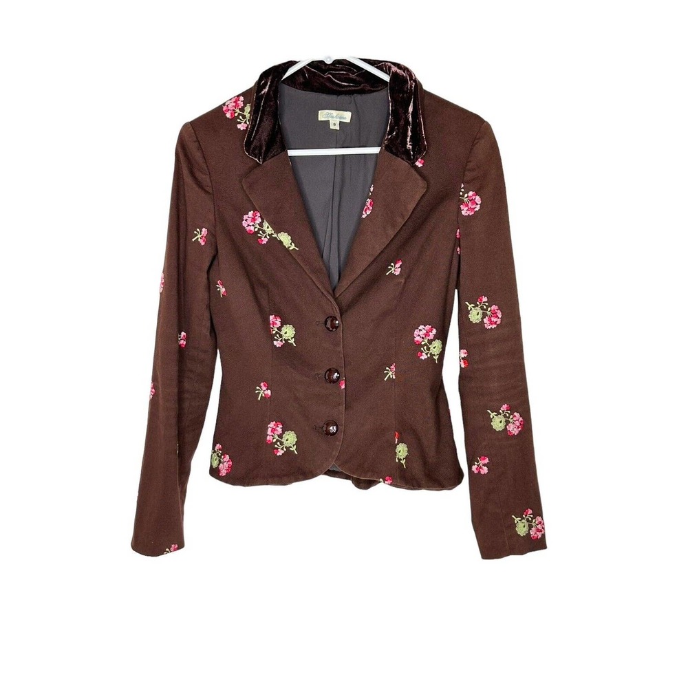 Shoshanna Womens Floral Embroidered Blazer 8 Velvet Collar 3 Button Lined Brown